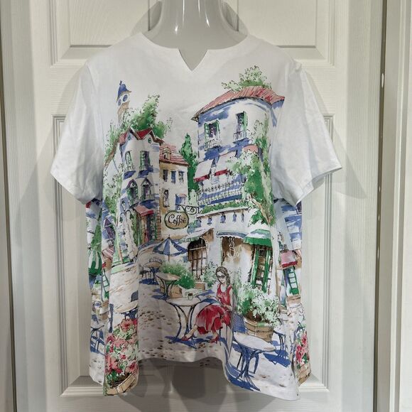 Alfred Dunner Plus Size 3X White Cafe Scenic T-Shirt Short Sleeve Rhinestone - Picture 1 of 10